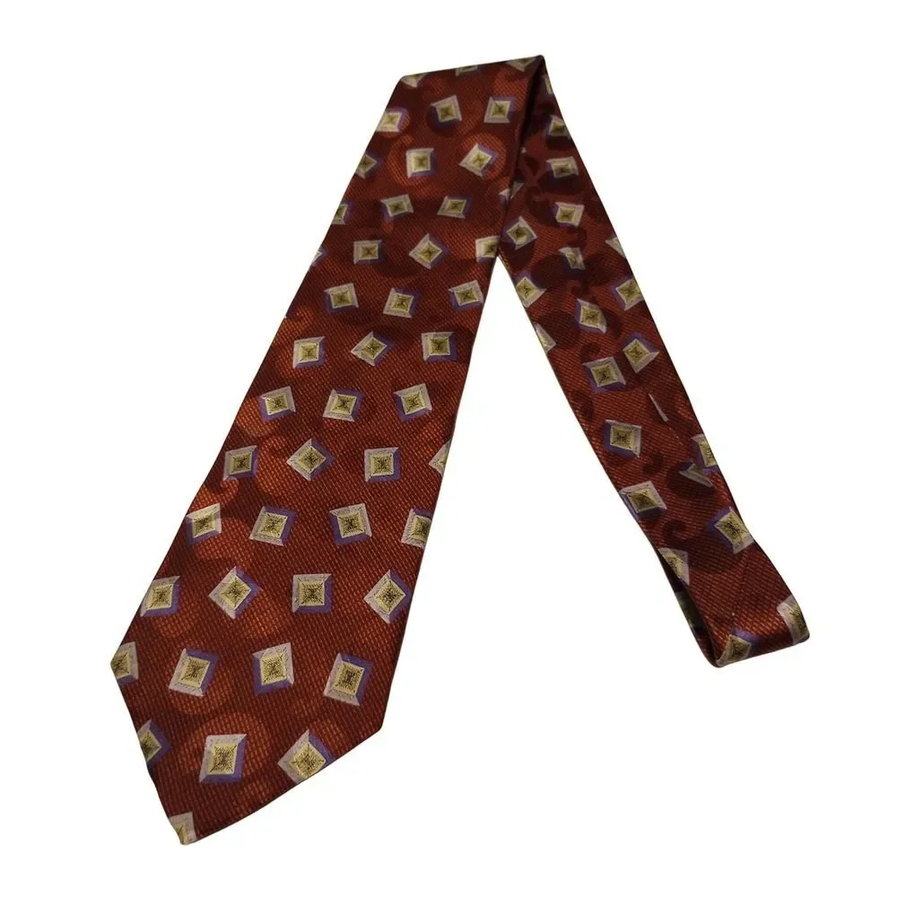 Perry‎ Ellis Portfolio Mens Rust Red Geometric Diamond 100% Italian Silk Tie USA